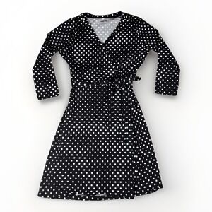 Lands End Wrap‎ Dress Women S 6-8 Black White Stretch Polka Dot Tie Waist V Neck